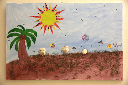 Child's artwork depicting a tropical beach