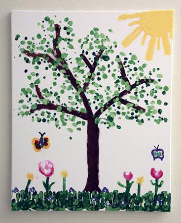 Child's painting of a tree, flowers, and butterflies