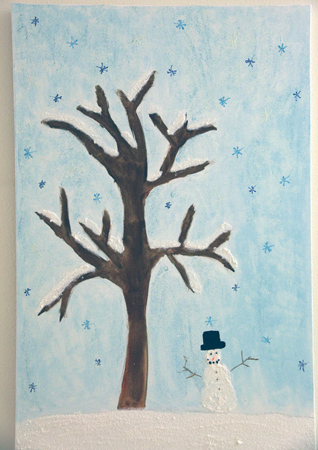 Child's painting of a snowman and tree, with snowflakes falling